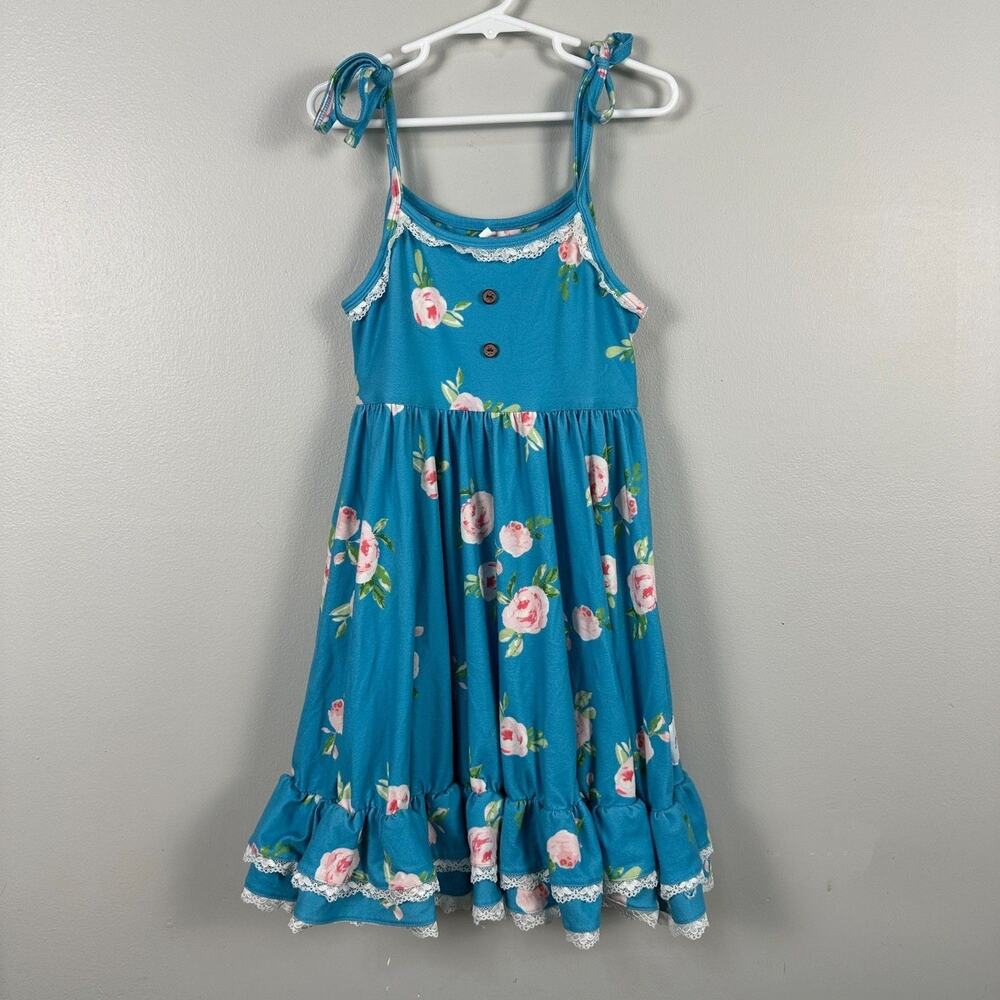 Jane + Jo Girls 6 Years Blue Sleeveless Dress Floral Rose Ruffle